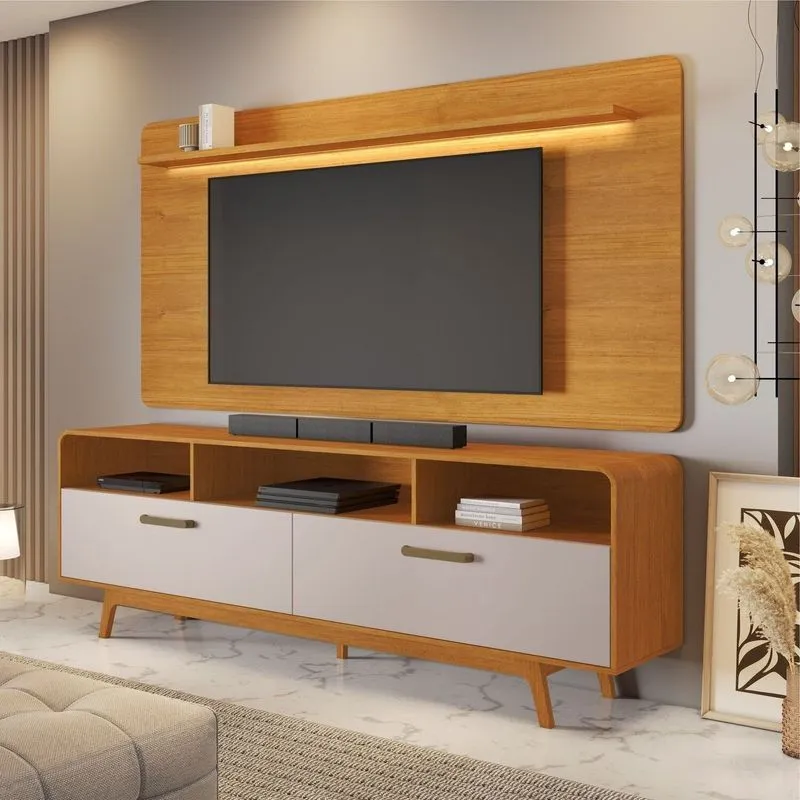 Rack Com Painel Para Tv Até 70 Polegadas Com Led Mdf 200cmx177cm Cristal Candian Marrom Cinamomo/off White