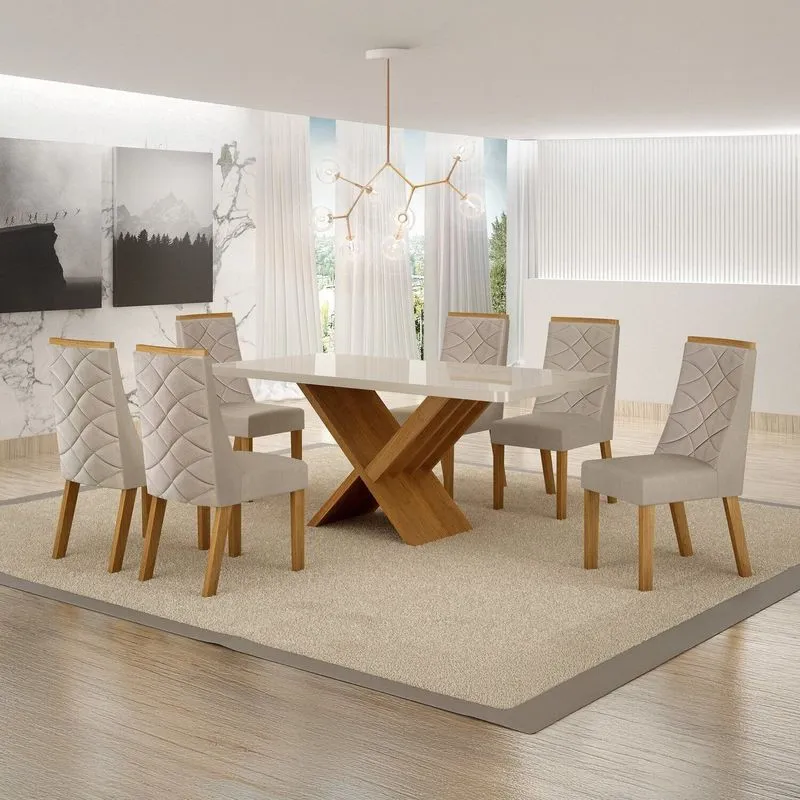 Conjunto Sala De Jantar Mesa 180cm Tampo De 4,0cm Com 6 Cadeiras Aurora Bege/cinamomo/off White Cinamomo/off White/bege