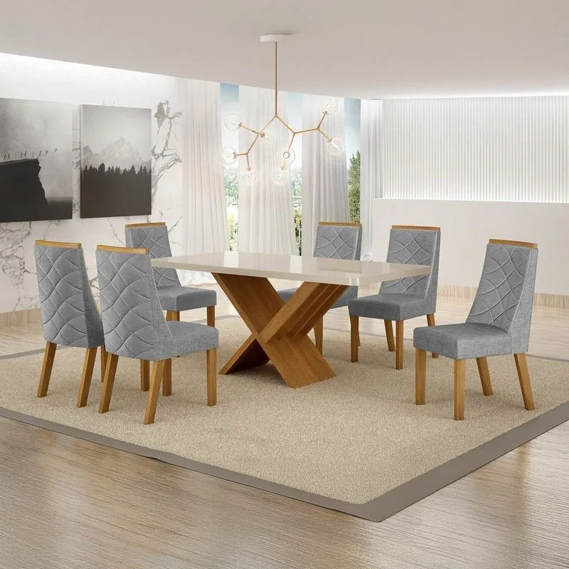 Conjunto Sala De Jantar Mesa 180cm Tampo De 4,0cm Com 6 Cadeiras Aurora Cinza/cinamomo/off White/linho Prata Cinamomo/off White/prata Linho