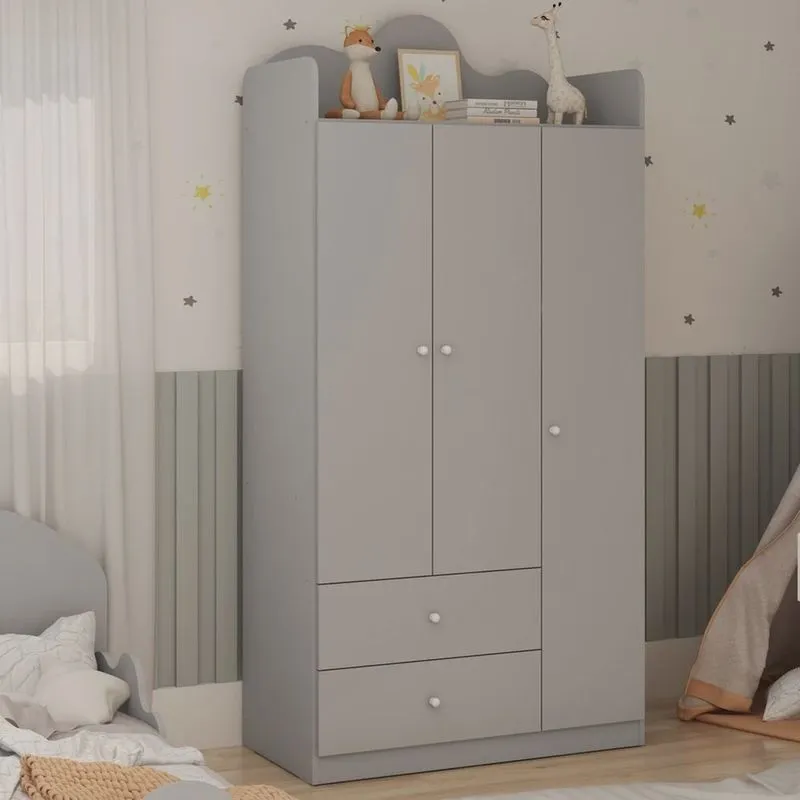 Guarda-Roupa Infantil 3 Portas e 2 Gavetas 100% mdf com Detalhe Orgânico em Formato de Nuvem