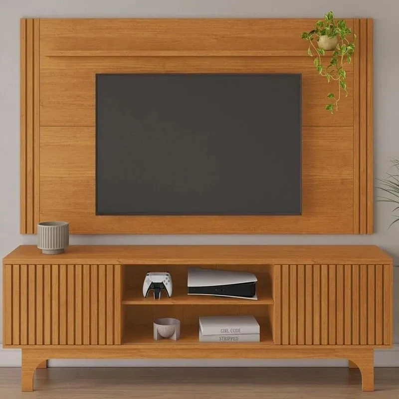 Rack Com Painel Ripado Para Tv Até 70 Polegadas Mdf 200cmx177cm Trunfo Candian Marrom Cinamomo