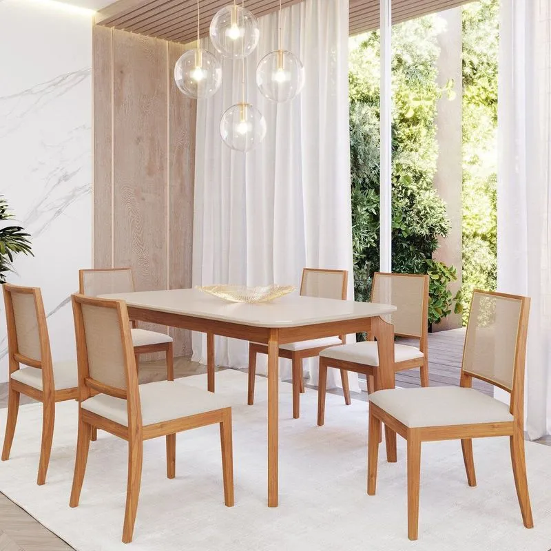 Sala De Jantar Ficus 160cm Com 6 Cadeiras Buriti Marrom/madeira/offwhite Madeira/ Offwhite