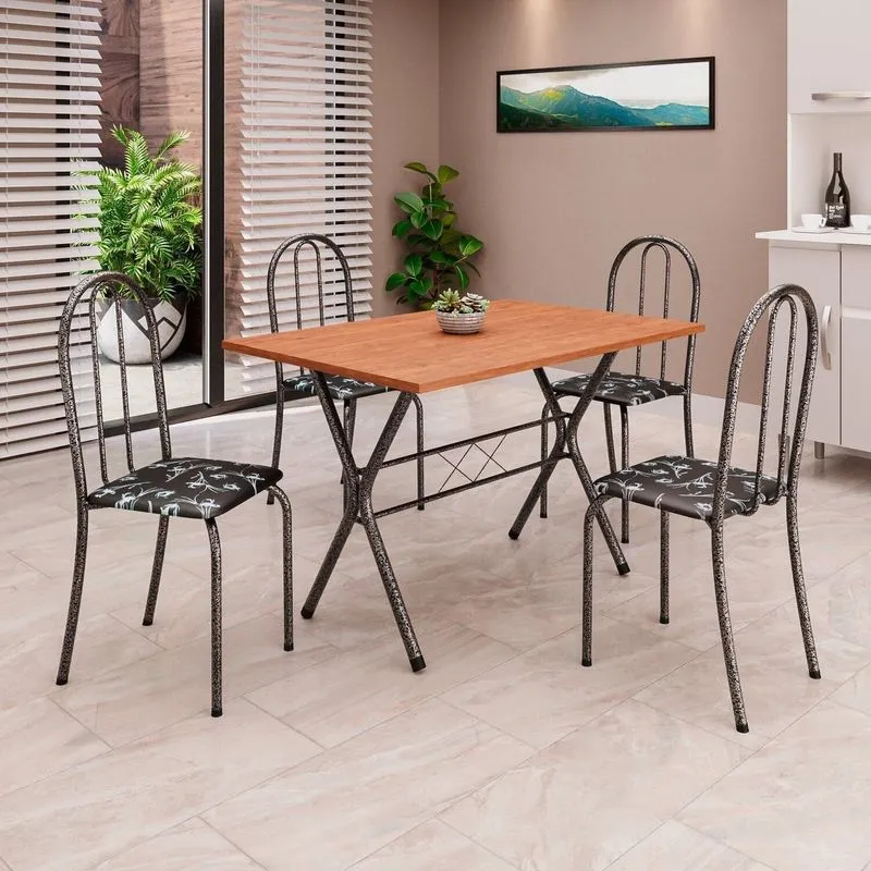 Conjunto De Mesa Tubular 62 100x60cm Tampo Em Mdf Com 4 Cadeiras Ane B Prata/preto Floral/mart Preto Floral/mart Prata