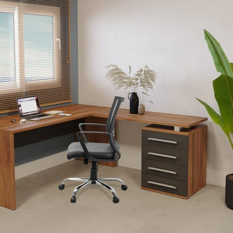 Conjunto De Mesa E Gaveteiro Com Gavetas Para Escritório Direito 4 Gavetas 137cm Marrom E Preto Marrom/preto