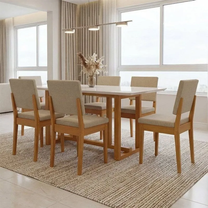 Conjunto Sala De Jantar Madeira Maciça 6 Cadeiras Tampo De Vidro Filadélfia Natural Cerejeira/palha Cerejeira/linho A40 Palha
