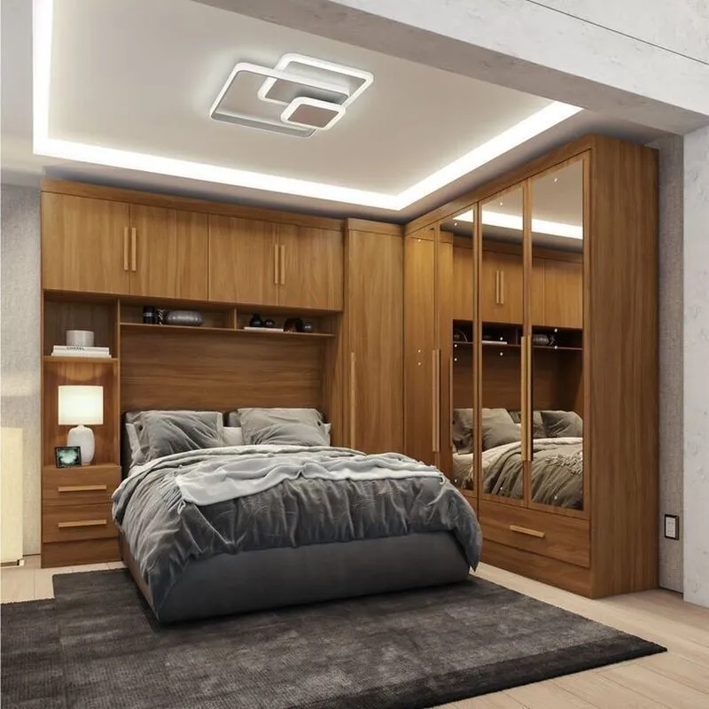 Quarto Modulado Casal 100% Mdf 4 Peças 5 Portas 4 Gavetas Com Maleiro E Espelhos Smart Plus Yescasa Bege/cinamomo Cinamomo
