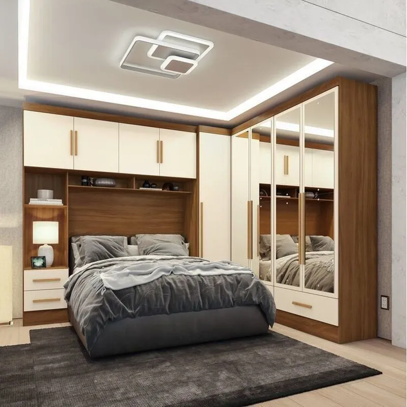 Quarto Modulado Casal 100% Mdf 4 Peças 5 Portas 4 Gavetas Com Maleiro E Espelhos Smart Plus Yescasa Bege/cinamomo Off/white Cinamomo Off/white