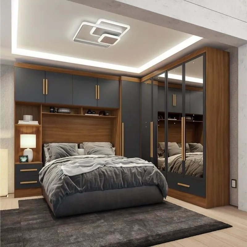 Quarto Modulado Casal 100% Mdf 4 Peças 5 Portas 4 Gavetas Com Maleiro E Espelhos Smart Plus Yescasa Bege/cinamomo/cinza Cinamomo/cinza