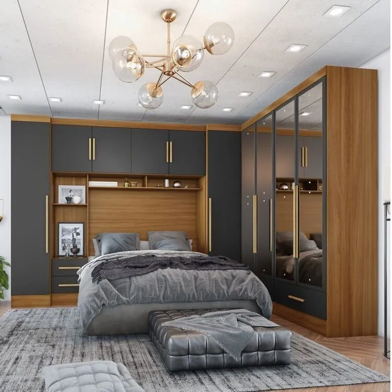Quarto De Casal Completo Modulado 5 Peças 6 Portas 4 Gavetas Com Maleiro E Espelhos Smart Plus Yescasa Bege/cinamomo/cinza Cinamomo/cinza