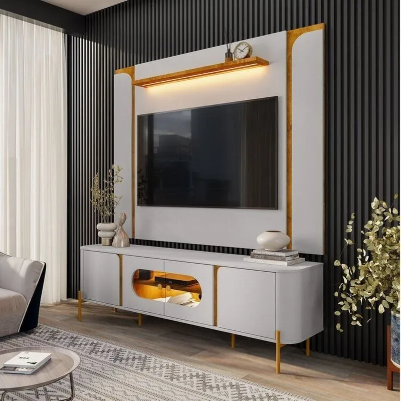 Rack Com Painel Para Tv Até 75 Polegadas 180cmx193cm Juquehy Maresias Bege Off-white/naturalle