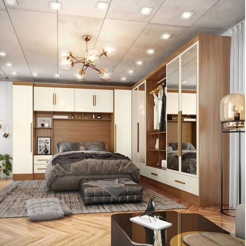 Quarto Modulado Casal Completo 6 Peças 6 Portas 5 Gavetas Com Maleiro E Espelhos Smart Plus Yescasa Bege/cinamomo Off/white Cinamomo Off/white