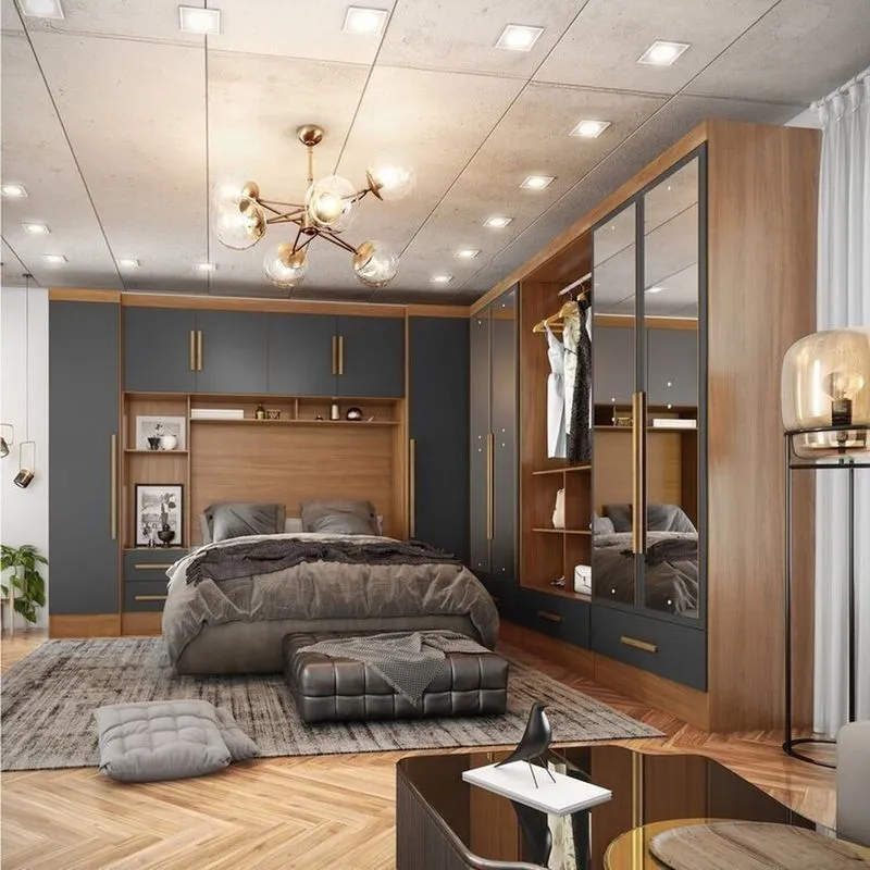 Quarto Modulado Casal Completo 6 Peças 6 Portas 5 Gavetas Com Maleiro E Espelhos Smart Plus Yescasa Bege/cinamomo/cinza Cinamomo/cinza
