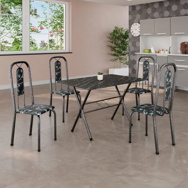 Conjunto De Mesa Tubular 062 100x60cm Tampo Em Ardósia Com 4 Cadeiras Lívia Preto/floral/mart Prata Preto Floral / Mart Prata