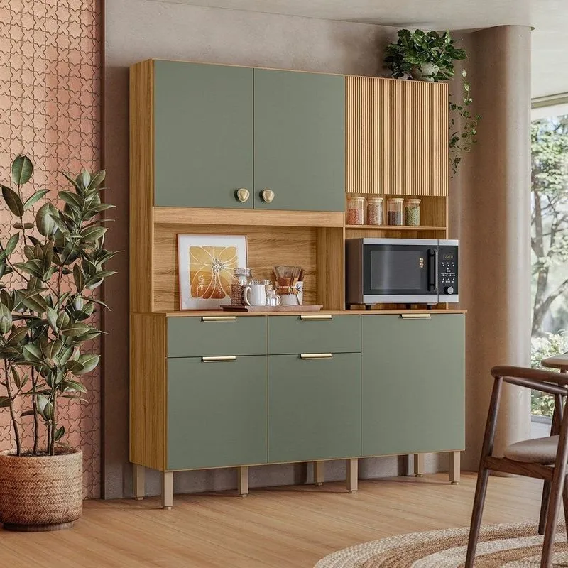 Armário De Cozinha Compacta 7 Portas 2 Gavetas Tropical Verde/freijó Freijó/ Verde