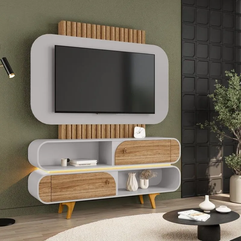 Estante Para Tv Até 55 Polegadas Pés Em Madeira Maciça Camboriú Cinamomo/off-white