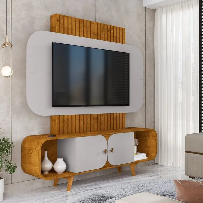 Estante Para Tv Até 75 Polegadas Pés Em Madeira Maciça Embaú Naturalle/off-white
