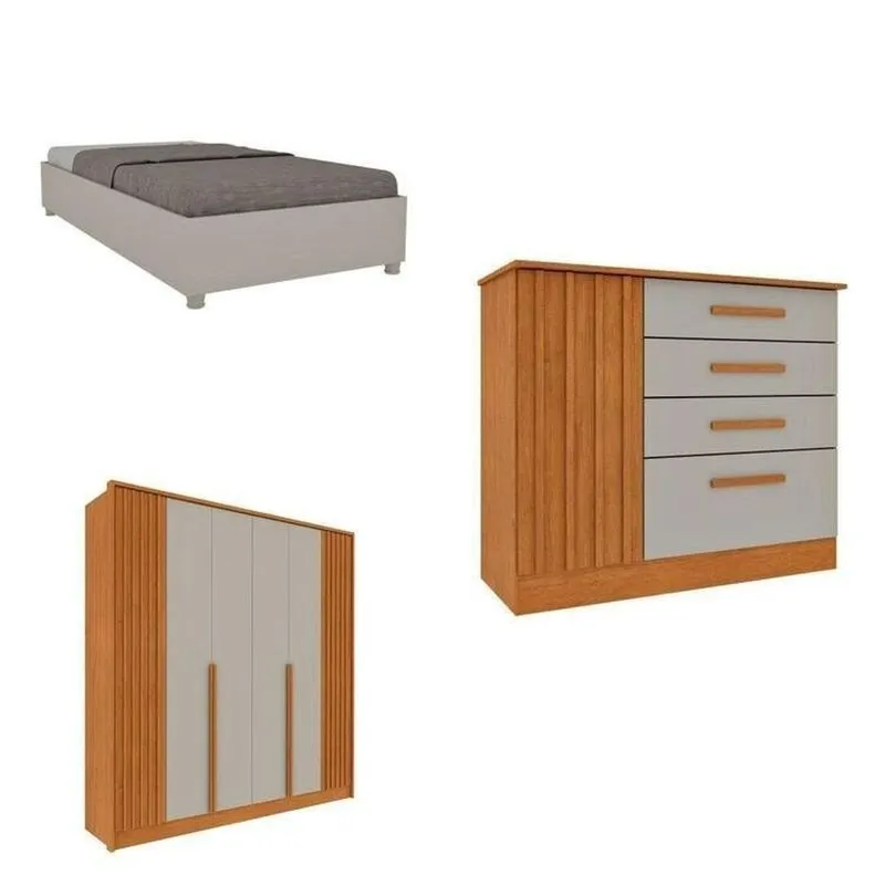 Quarto Solteiro Guarda-roupa Ripado Nova York, Cama Solteiro Mônaco, Cômoda 4 Gavetas Nova York Bege/cinamomo/off White Cinamomo/off White