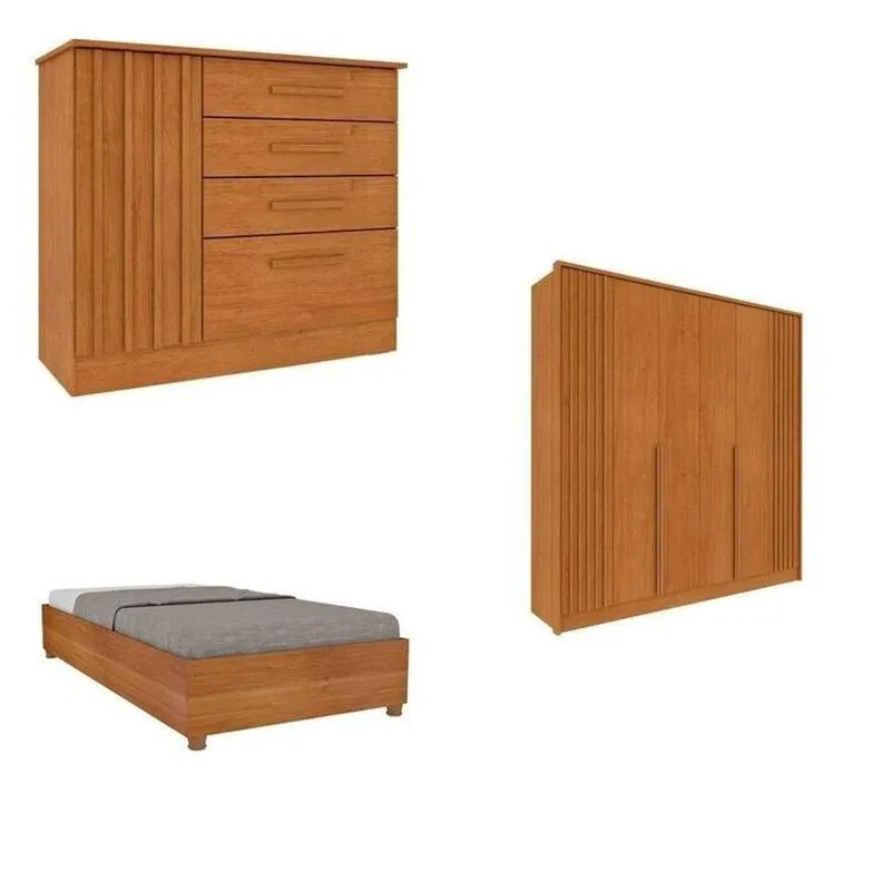 Quarto Solteiro Guarda-roupa Ripado Nova York, Cama Solteiro Mônaco, Cômoda 4 Gavetas Nova York Bege/cinamomo Cinamomo