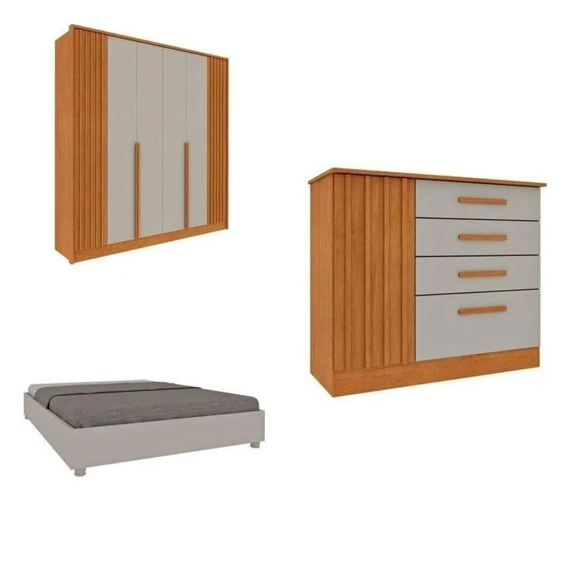 Quarto Casal Completo Guarda-roupa 6 Portas E Cômoda 4 Gavetas Ripado Nova York E Cama Queen Mônaco Bege/cinamomo/off White Cinamomo/off White