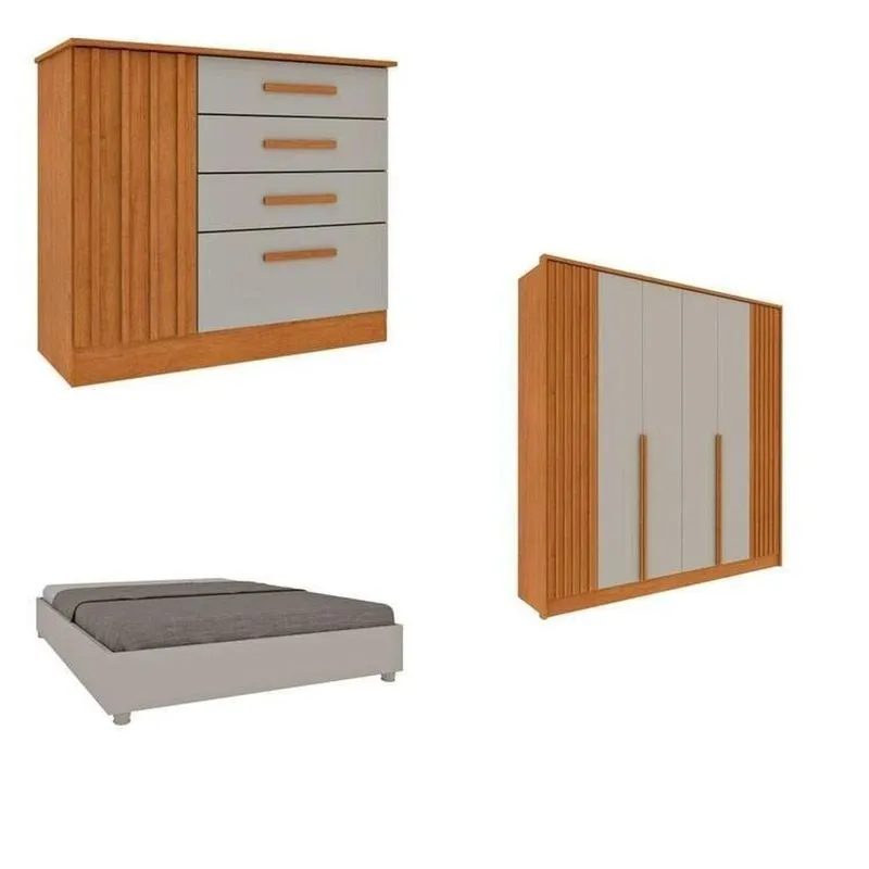 Quarto Casal Completo Guarda-roupa 6 Portas E Cômoda 4 Gavetas Ripado Nova York E Cama Queen Mônaco Bege/cinamomo/off White Cinamomo/off White