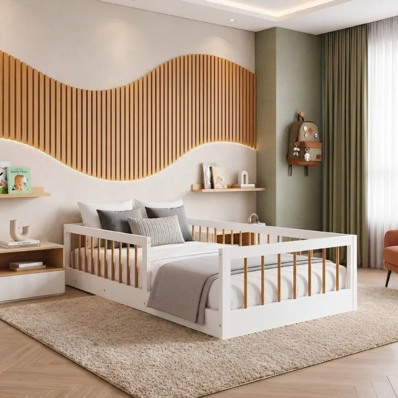 Cama Montessoriana Solteiro Ana 99x195x36cm Marrom/Branco/Amadeirado Branco/Amadeirado