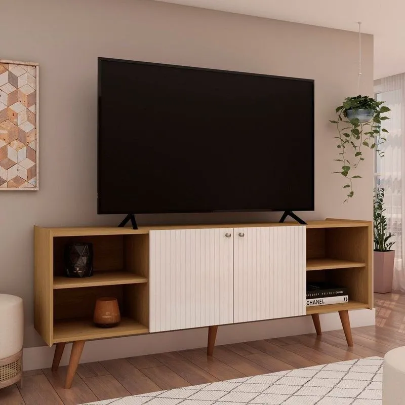 Rack Para Tv Até 65 Polegadas 100% Mdf 160cm Pés Em Madeira Maciça Molduras 45° 2 Portas E Bege Cinamomo/white