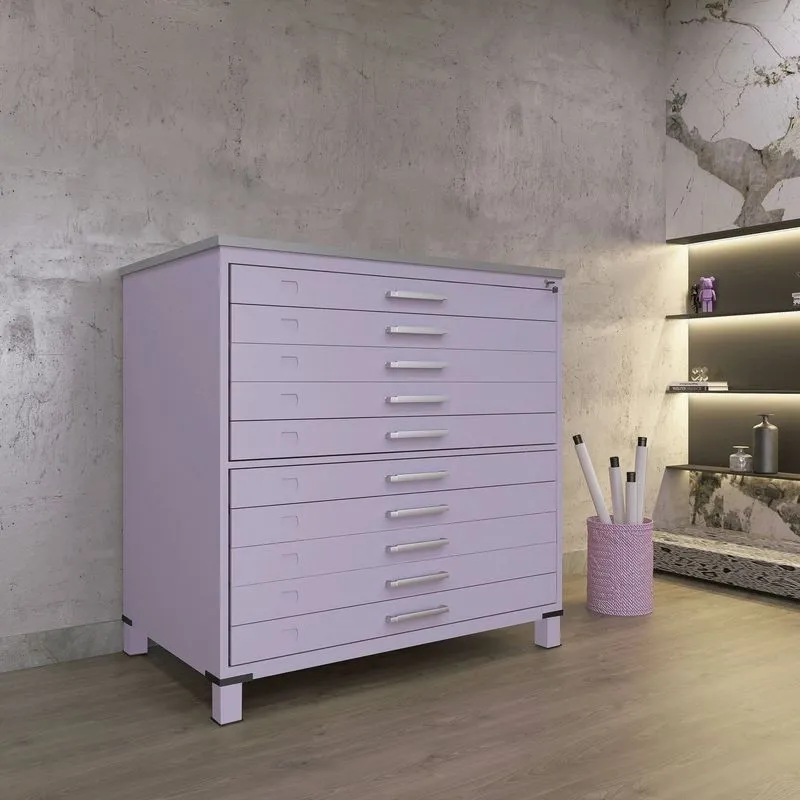 Gaveteiro Mapoteca Para Escritório De Aço Fixa Com 10 Gavetas Industrial Lilas/cinza