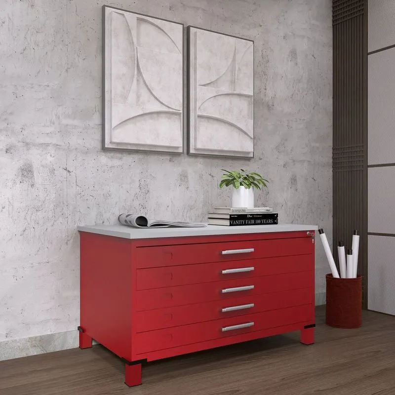 Mapoteca De Aço Fixa Com 05 Gavetas Vermelho/cinza