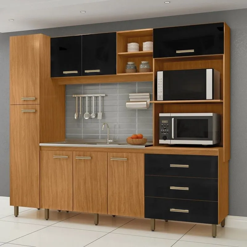 Cozinha Compacta Modulada 8 Portas E 3 Gavetas Vitória Freijó/preto