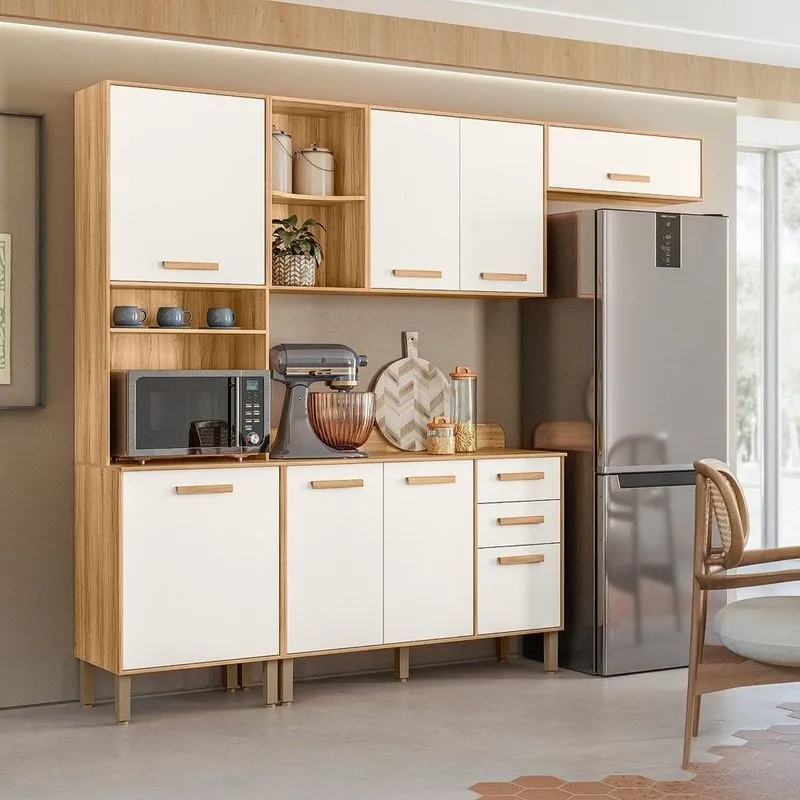 Cozinha Completa Modulada 4 Peças 8 Portas 2 Gavetas Maria Flor Branco/freijo/off White Freijo/ Off White