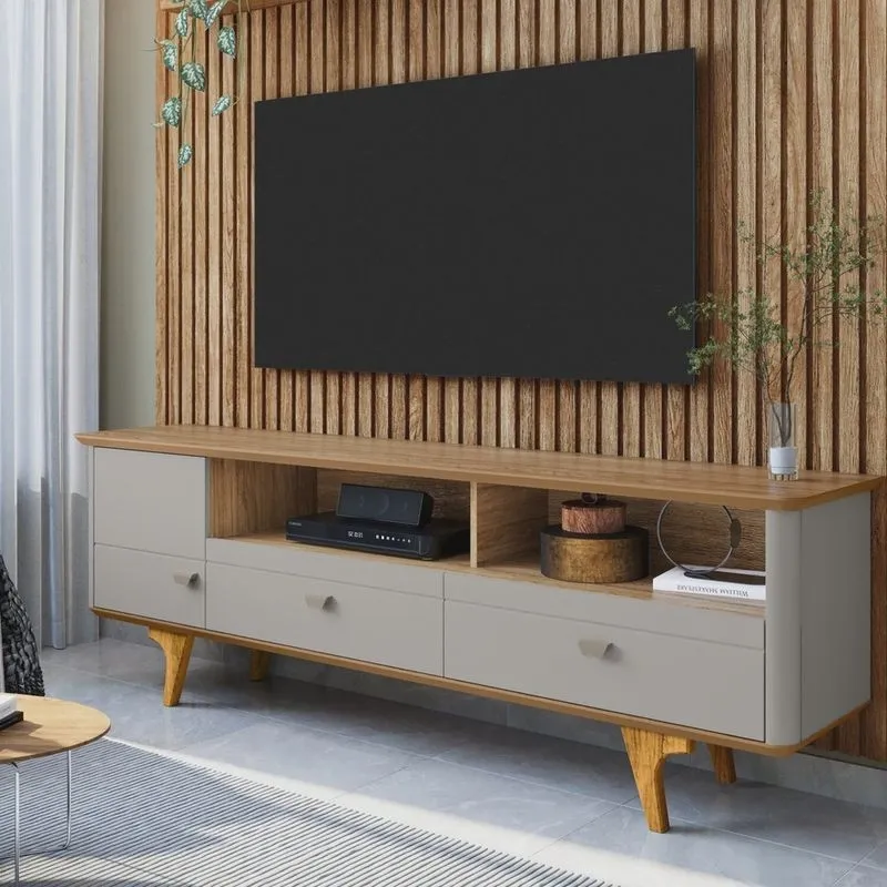 Rack para Tv até 70 Polegadas Pés de Madeira Maciça 1 Porta 2 Gavetas e Friso Decorativo Atenas