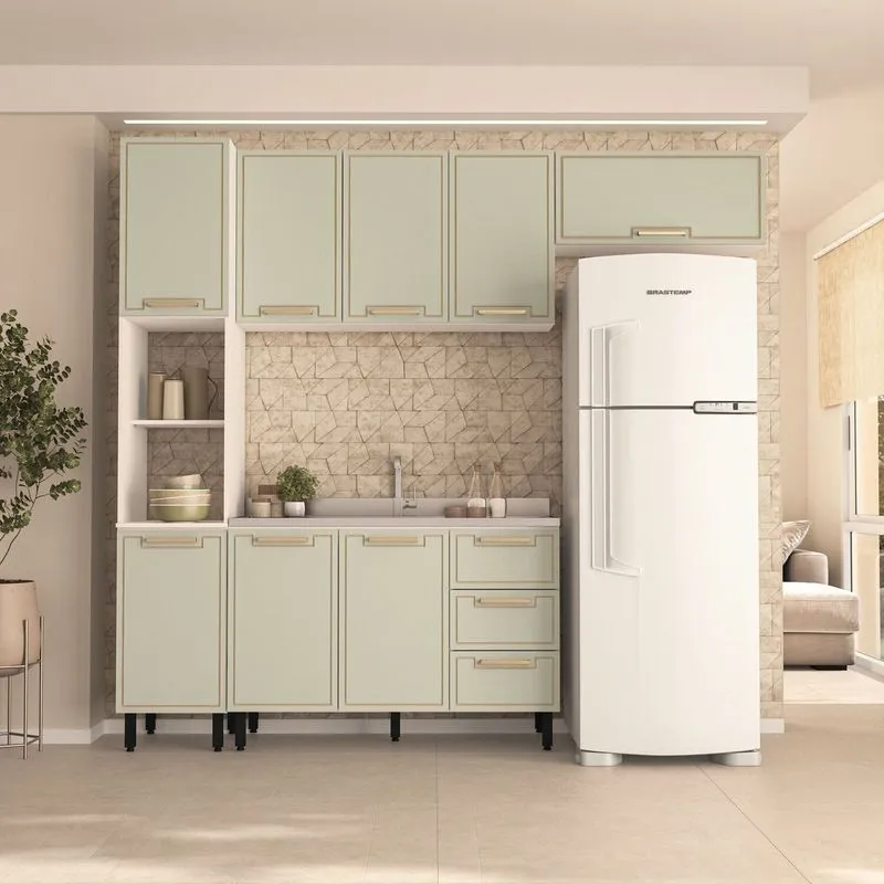 Cozinha 4 Peças Balcão 3 Gavetas 2 Portas Paneleiro Aéreo Sem Tampo Amara Branco/verde