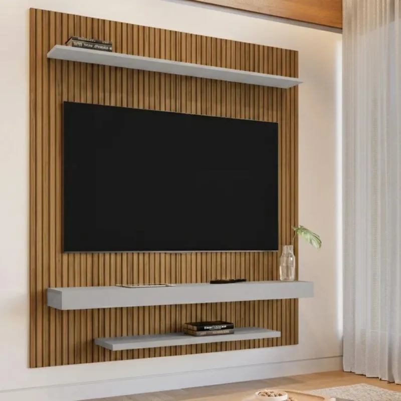 Painel Ripado Para Tv Até 60 Polegadas 150cmx160,2cm Impressão Ripada 3d Leme Marrom Cinamomo/off-white