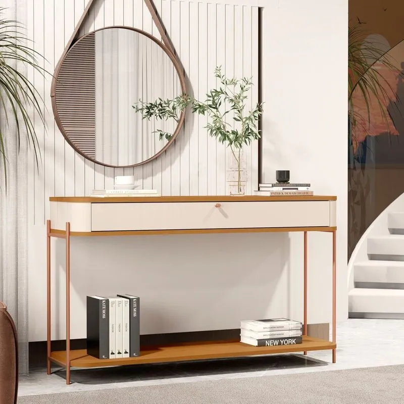 Aparador Curvo 1 Gaveta Pés E Puxadores Em Metal 100% Mdf 121cm Tucupí Bege Off White/nature/bronze