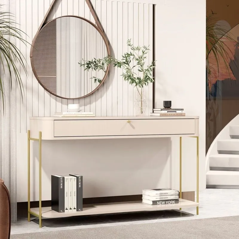 Aparador Curvo 1 Gaveta Pés E Puxador Em Metal 100% Mdf 121cm Tucupí Bege Off White/dourado