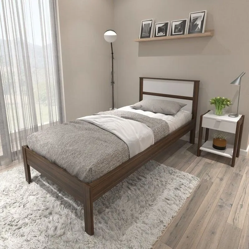 Conjunto Cama Solteiro Com 1 Mesa De Cabeceira Marrom/nogal/branco Nogal/branco
