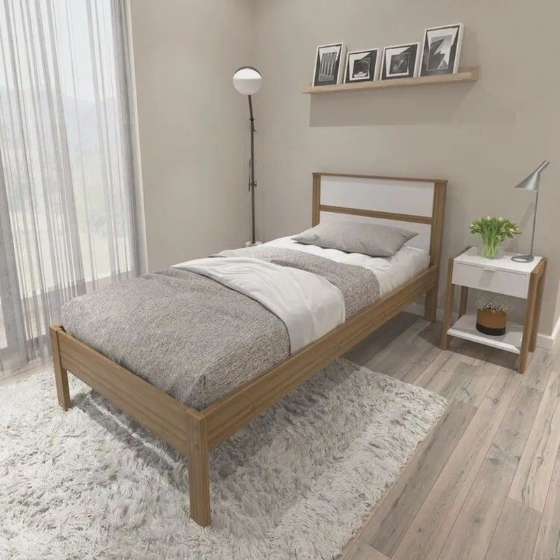 Conjunto Cama Solteiro com 1 Mesa De Cabeceira Amêndoa/Branco