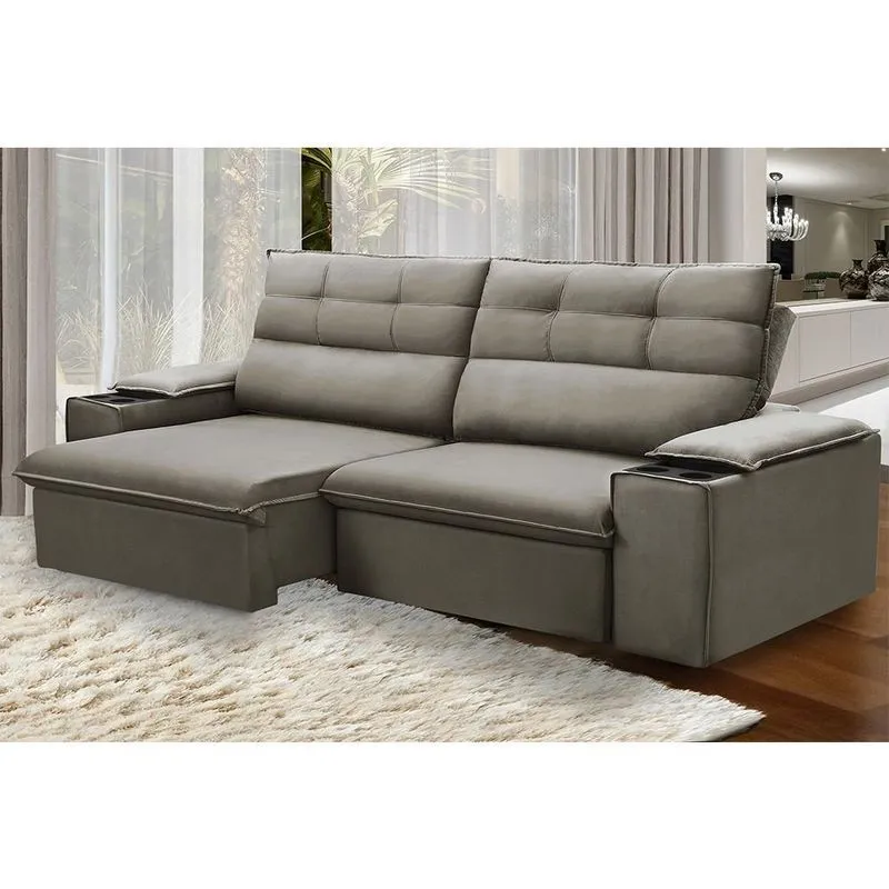 Sofá Retrátil Reclinável Vannes 245cm Com Porta Copos E Objetos Bege Castor Castor
