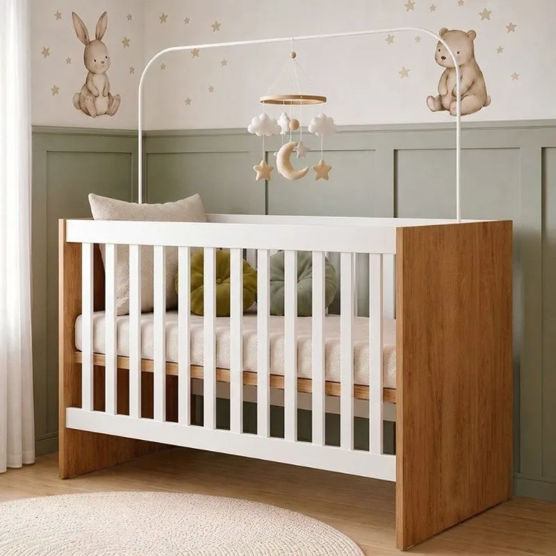 Berço com Regulagem de Altura 100% MDF Soft Americano Marrom/Amadeirado/Branco Amadeirado/Branco