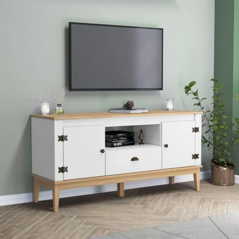 Rack Colonial Para Tv Até 55 Polegadas 135cm Com 2 Portas E 1 Gaveta Mel / Branco