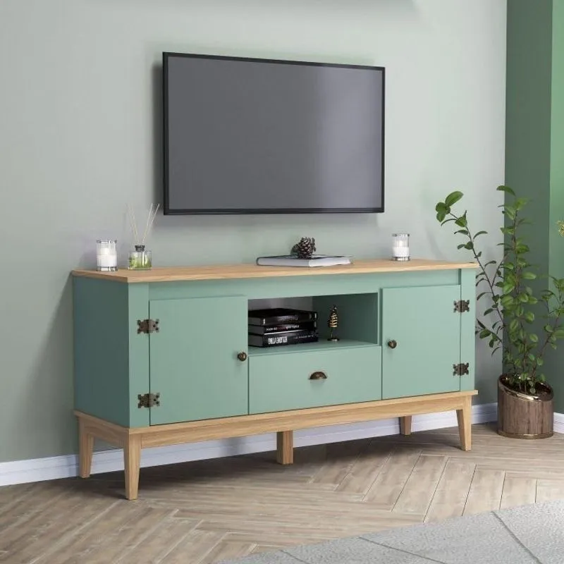 Rack Colonial Para Tv Até 55 Polegadas 135cm Com 2 Portas E 1 Gaveta Mel / Oliva