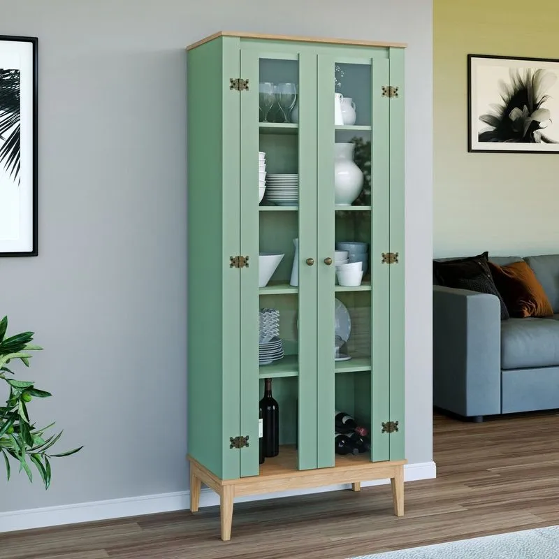 Cristaleira Colonial 2 Portas Vidro Pés Madeira Mel E Oliva 75cm Movelbento Verde Mel / Oliva