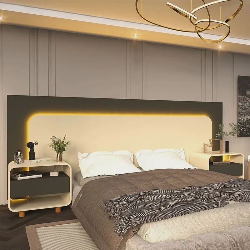 Cabeceira Box Casal com 2 Mesas de Cabeceira com Led Innova 100% Mdf