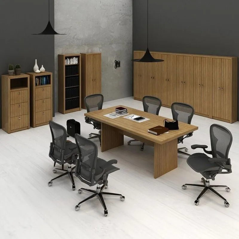 Conjunto 11 Peças Com Mesa Para Reunião 6 Lugares 7 Armários 2 Gaveteiros E Estante Amendoa Marrom Amendoa