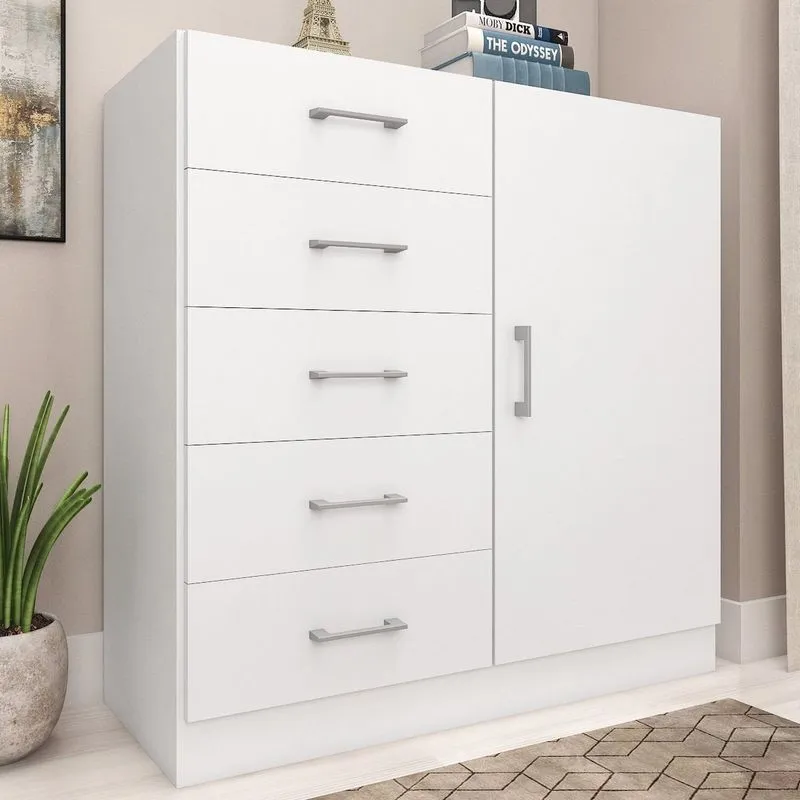 Cômoda Para Quarto 5 Gavetas E 1 Porta Miami Branco Branco