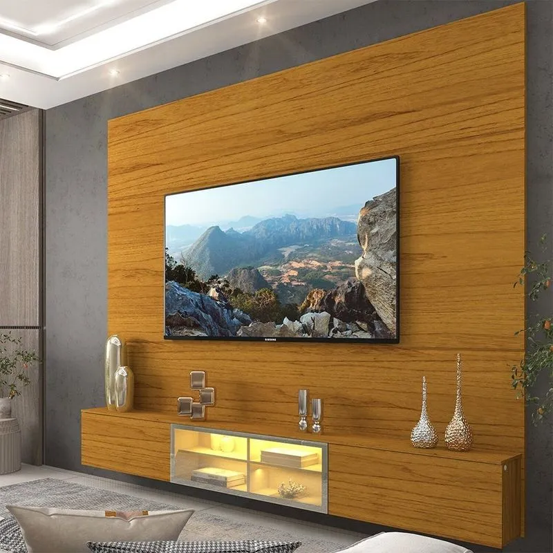 Estante Para Tv E Home Theater Até 84 Polegadas 100% Mdf Com Led Com Vidro Reflecta 217cm Luminare Marrom Naturale