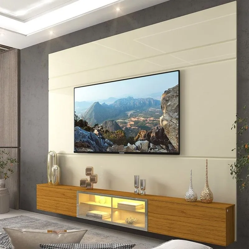 Estante Para Tv E Home Theater Até 84 Polegadas 100% Mdf Com Led Com Vidro Reflecta 217cm Luminare Bege Off White/naturale