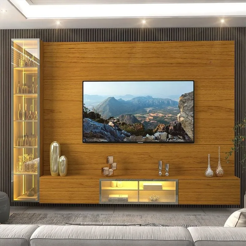 Estante Para Tv E Home Theater Até 90 Polegadas 100% Mdf Com Led Com Vidro Reflecta 255,2cmx217,6cm Luminare Yescasa Marrom Naturale