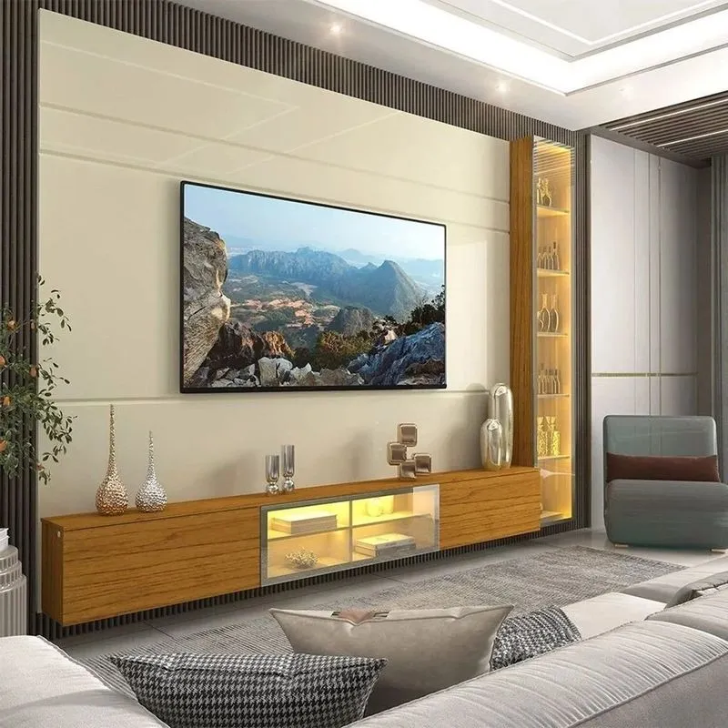 Estante Para Tv E Home Theater Até 90 Polegadas 100% Mdf Com Led Cristaleira Vidro Reflecta 255,2cmx217,6cm Off White/naturale