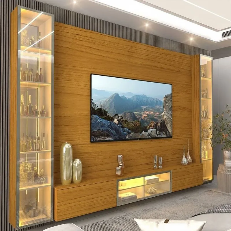 Estante Para Tv E Home Theater Até 90 Polegadas 100% Mdf Com Led Com Vidro Reflecta 293,4cmx217,6cm Luminare Yescasa Marrom Naturale